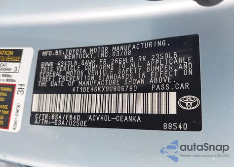 2009 Toyota Camry Le z USA, uszkodzony, nr VIN 4T1BE46KX9U806780